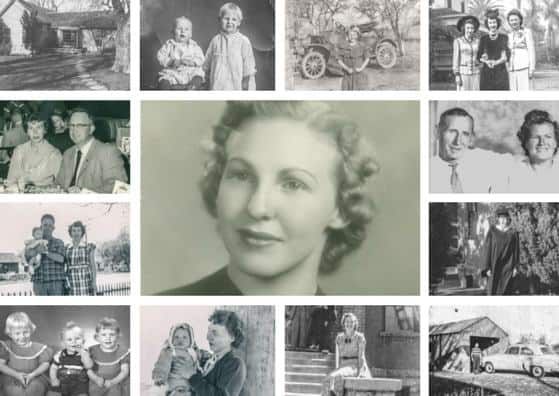 Old-fashioned picture collage of woman growing up and with husband and family