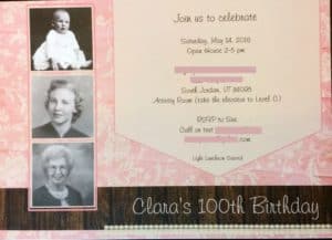 Invitation with woman as baby, young adult and elderly. Clara's 100th Birthday!