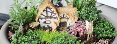 Brown and white fairy garden house, fairies and plants in large gray pot