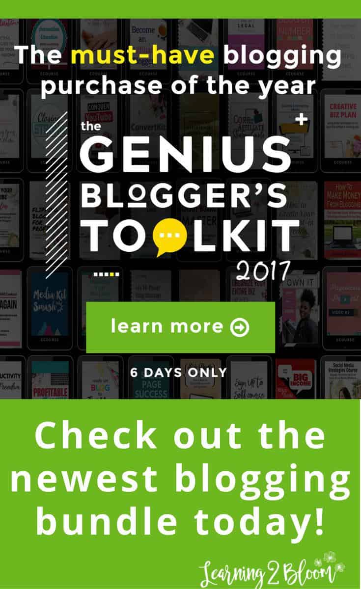 Ultimate Bundles Genius Bloggers Toolkit 2017 is here! Sign up now to keep updated and purchase your own bundle of the best blogging resources at amazing prices. This is the only way I buy my blog courses now. It's the most time and price efficient way to go!