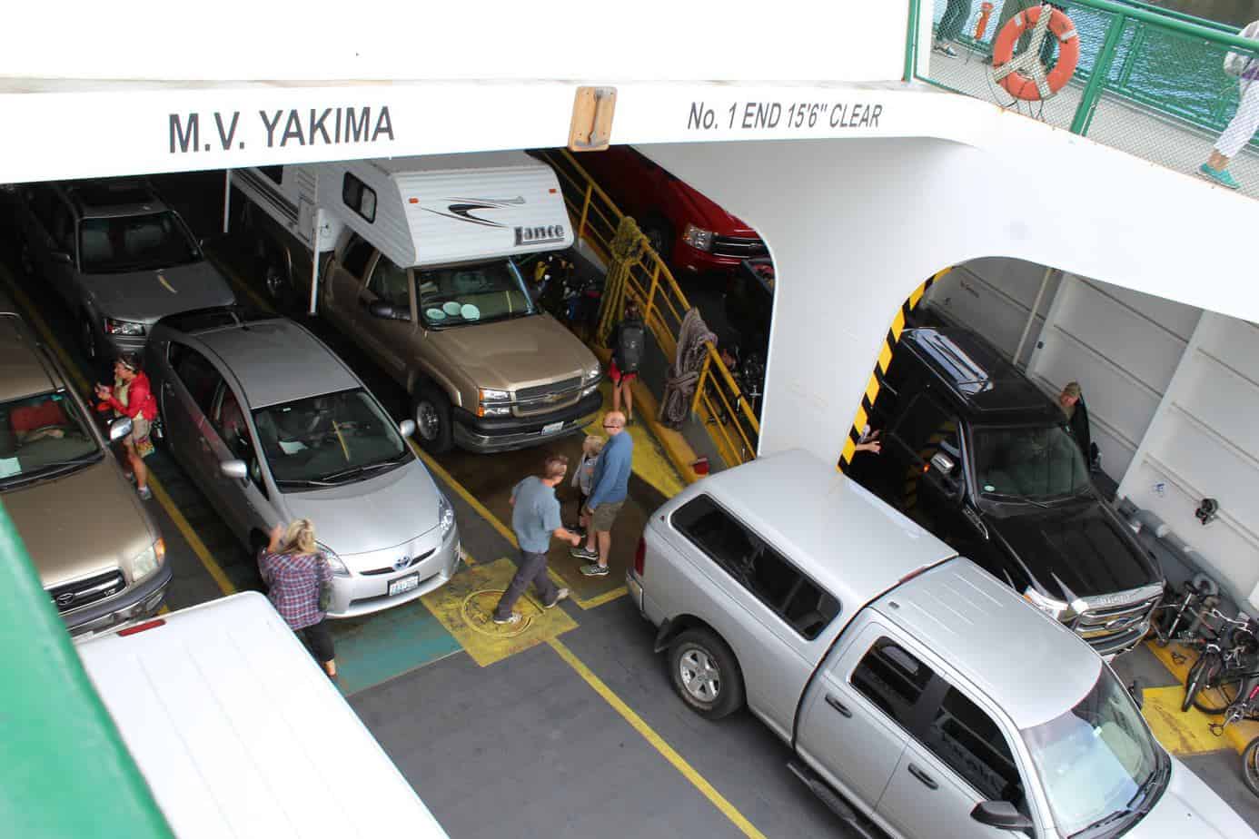 view from above. cars parking on ferry