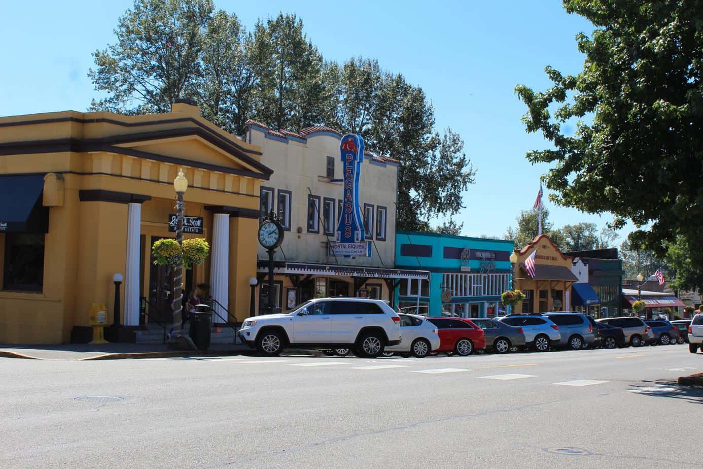 Several charming buildings lining the street of Snohomish