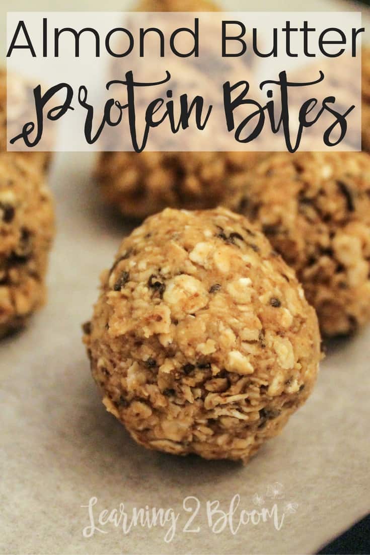 Almond Butter Protein Bites closeup round snacks featuring oatmeal and chocolate chips
