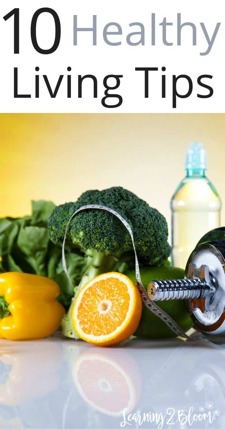 Fruit and vegetables, water, tape measure, and hand weight with title "10 Healthy living tips"