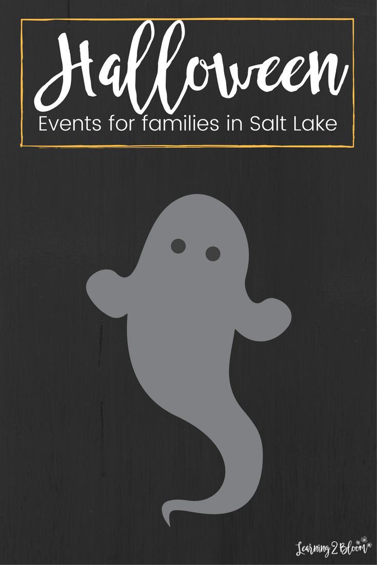 Black background with gray ghost "Halloween events for families in Salt Lake"