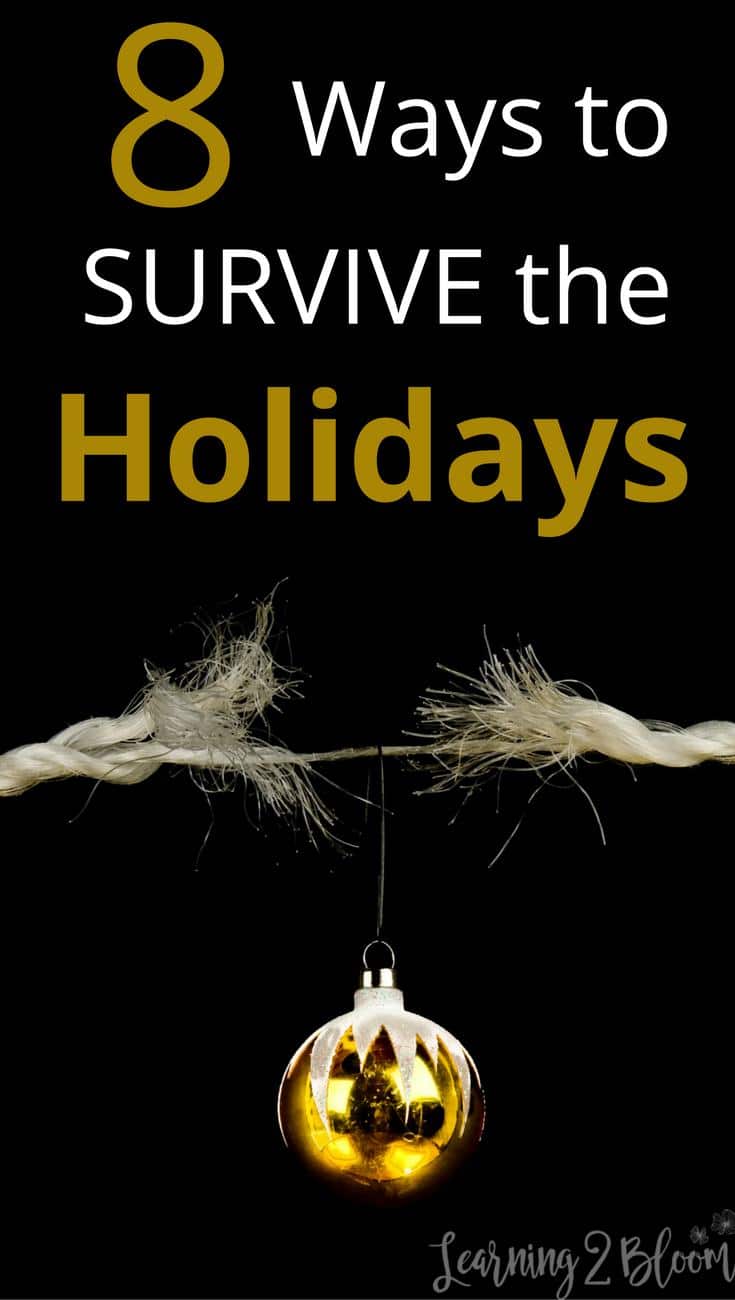 Black background with ornament hanging on rope that is breaking "8 ways to survive the holidays"