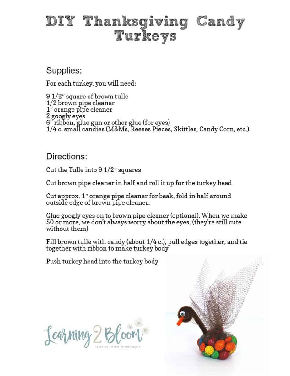 DIY Thanksgiving candy tulle turkey printable supplies and directions