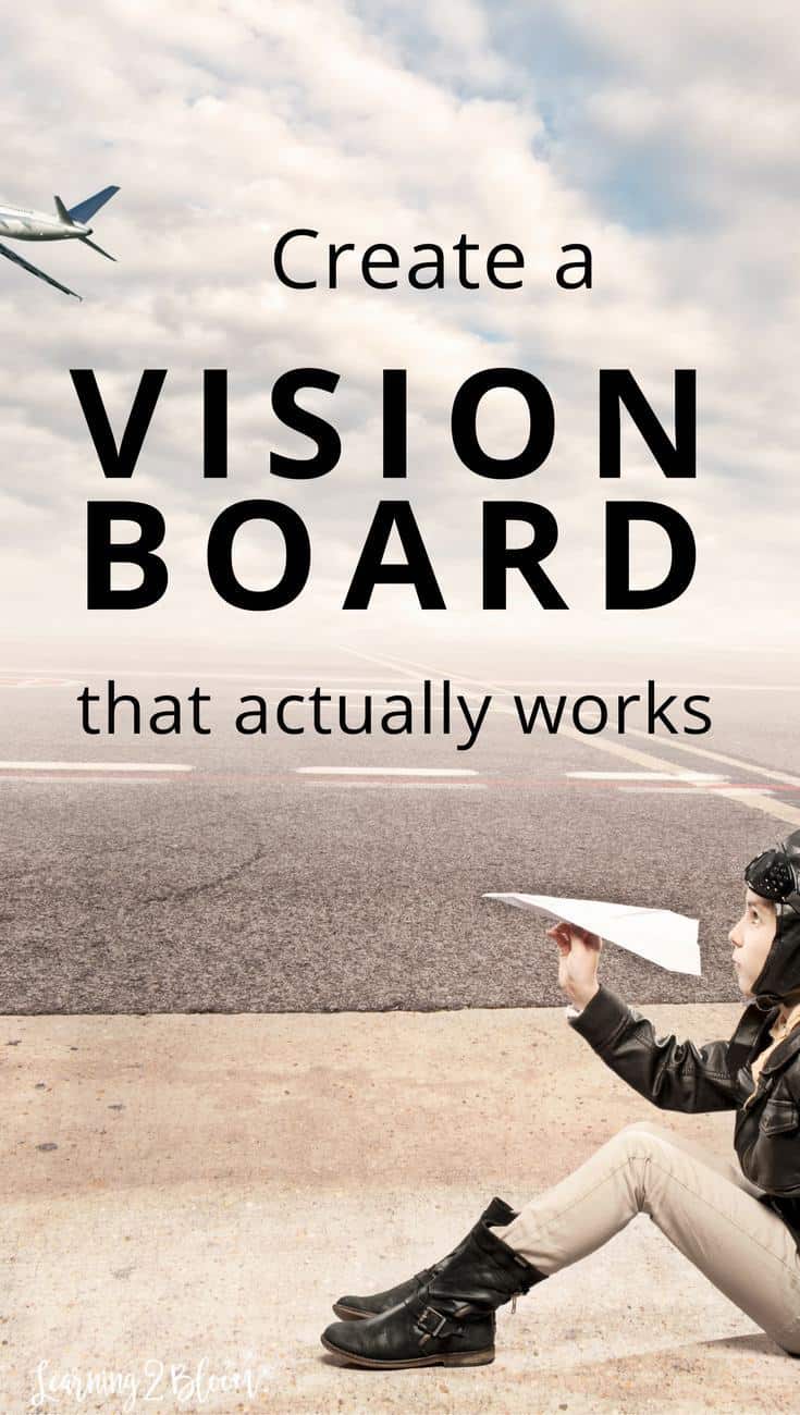 Plane flying in the sky while child sits on ground holding a paper airplane. Title says "Create a vision board that actually works"