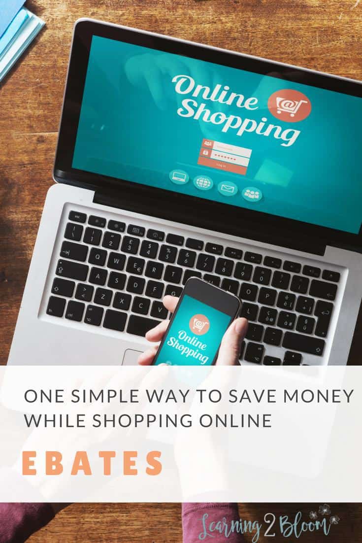 Laptop and hand holding phone. Both screens say "online shopping" Title says "One simple way to save money while shopping online- Ebates"