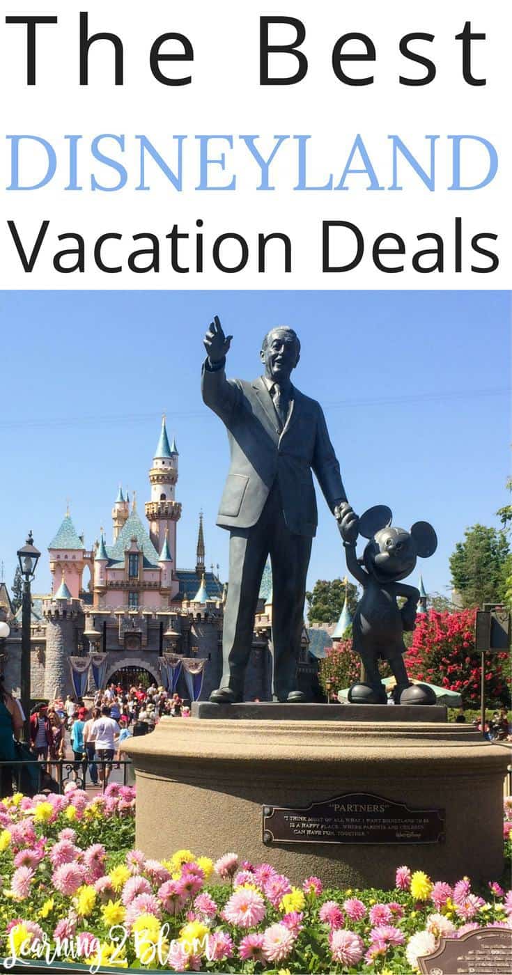 Statue of Walt Disney holding Mickey mouse's hand in front of the DIsneyland castle "The best Disneyland Vacation Deals"