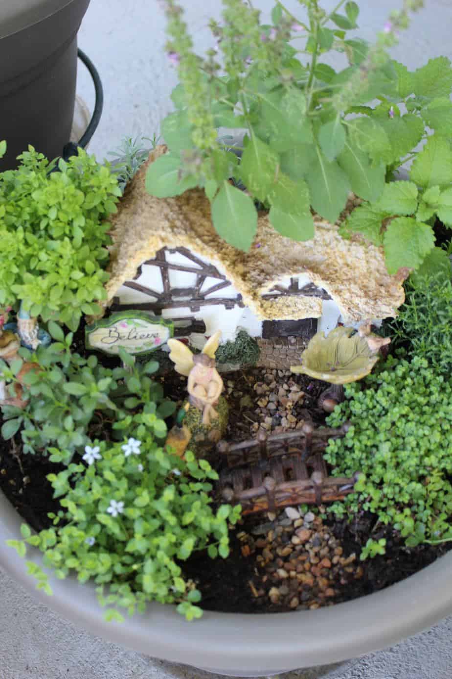 close up of fairy garden with white and brown house and angel sitting in front of home.
