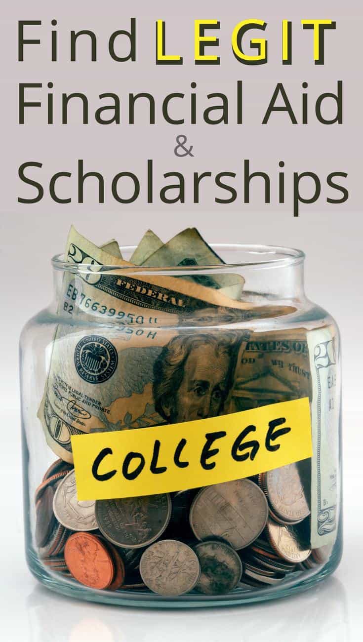 Jar of money with yellow label that says "college". "Find Legit financial aid & Scholarships"