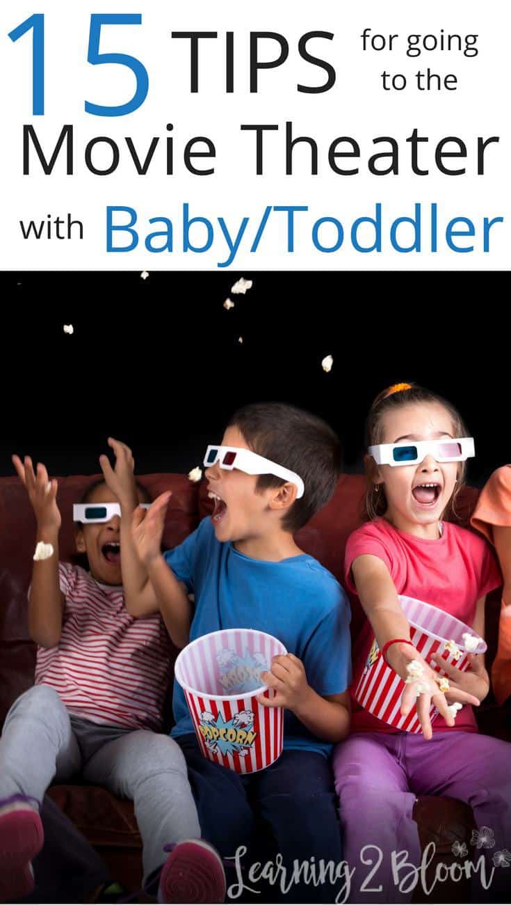 Kids in dark theater wearing 3D glasses, throwing popcorn and screaming. "15 tips for going to the movie theater with baby/toddler."