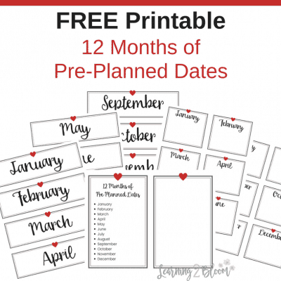 12 months of pre-planned dates printable. A full year of date ideas and printable forms to make it easier for you to put together. #Learning2Bloom #singleparents #singlemoms #soloparents #preplanneddates #yearofdates #12monthofdates #dateideas #relationships #datinghints