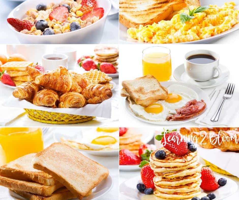 various layouts of delicious breakfasts including cereal, toast and eggs, croissants, bacon, pancakes, and fruit