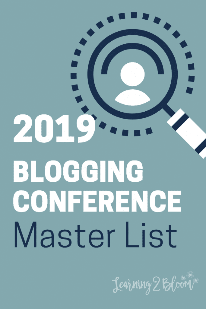 Graphic with magnifying glass viewing person. Title says "2019 Blogging conference master list."