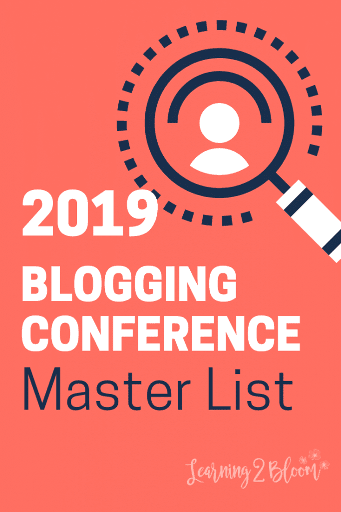 Bright Pinterest pin with magnifying glass viewing person. Title says "Blogging Conference Master List - 2019"