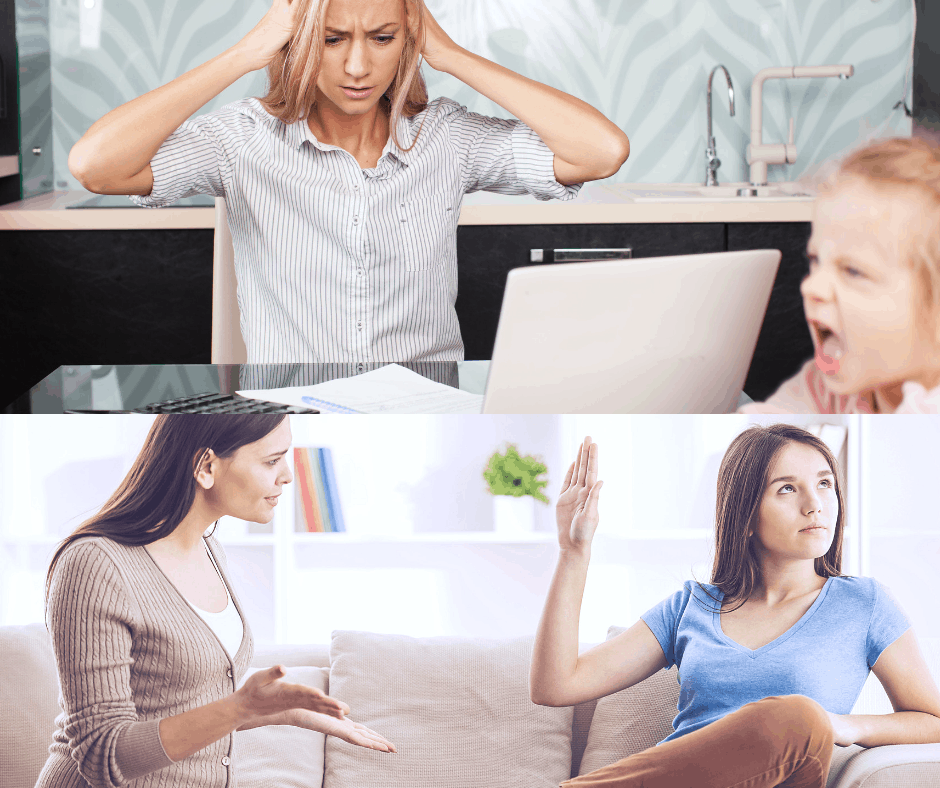 Mom covering ears while child screams and another mother talking to teen with hand up not listening