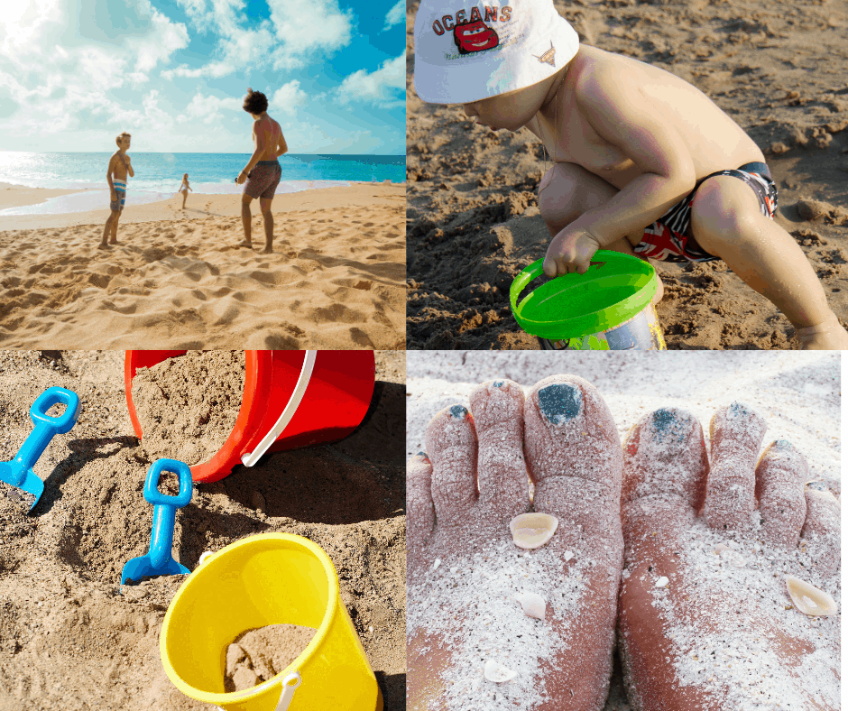 Collage of kids playing at beach, sand toys, feet covered in sand