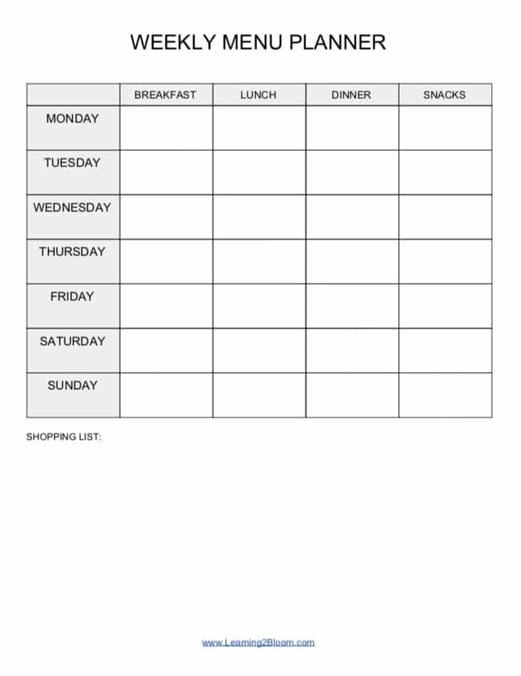 Weekly Menu Planner fillable PDF example