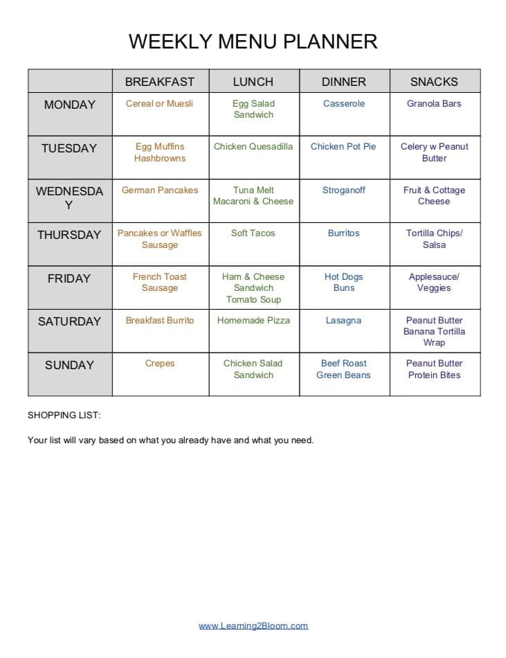 Weekly Menu Planner PDF sample