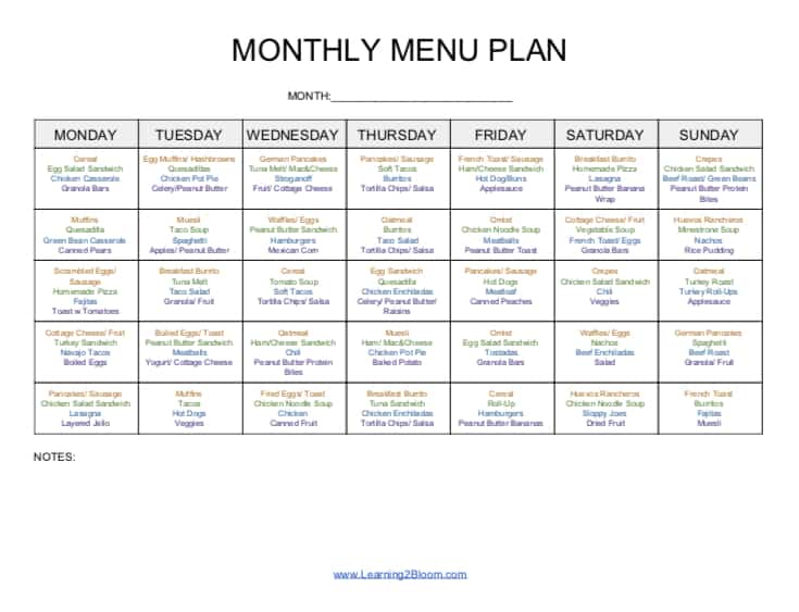 Monthly Menu Plan Sample 