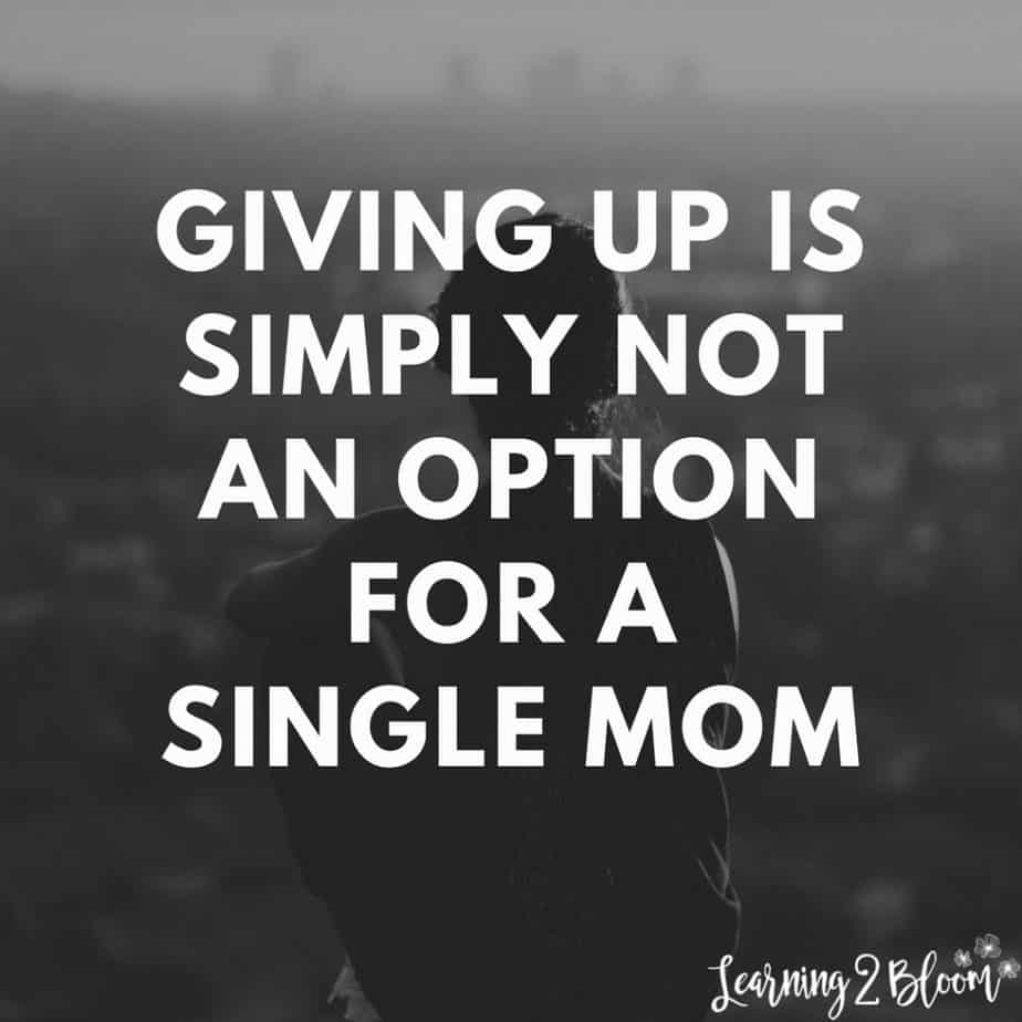Person sitting on rocks looking on with quote "Giving up is simply not an option for a single mom."