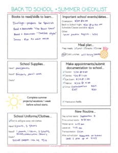 Summer to school transition checklist example