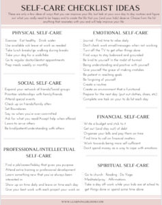 Self care checklist ideas including physical, emotional, social, financial, spiritual, and professional self-care