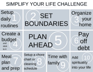 10 ways to simplify your life reminders. 1. Set daily routines 2. Set Boundaries 3. Organize your home 4. Create a budget 5. Plan ahead 6. Pay off debt 7. Meal prep 8. Setup cleaning schedule 9. Time with family 10. Spirituality